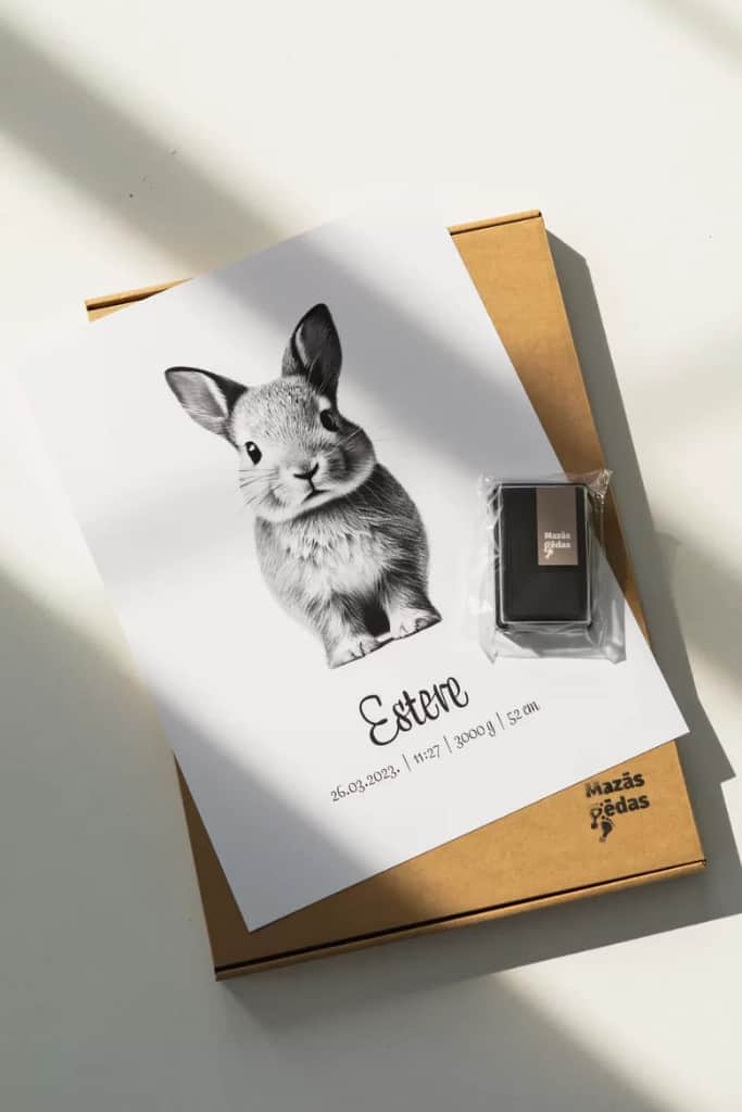 Bērna pēdu nospiedums, Personalizēts zaķēna plakāts + nospieduma spilventiņš