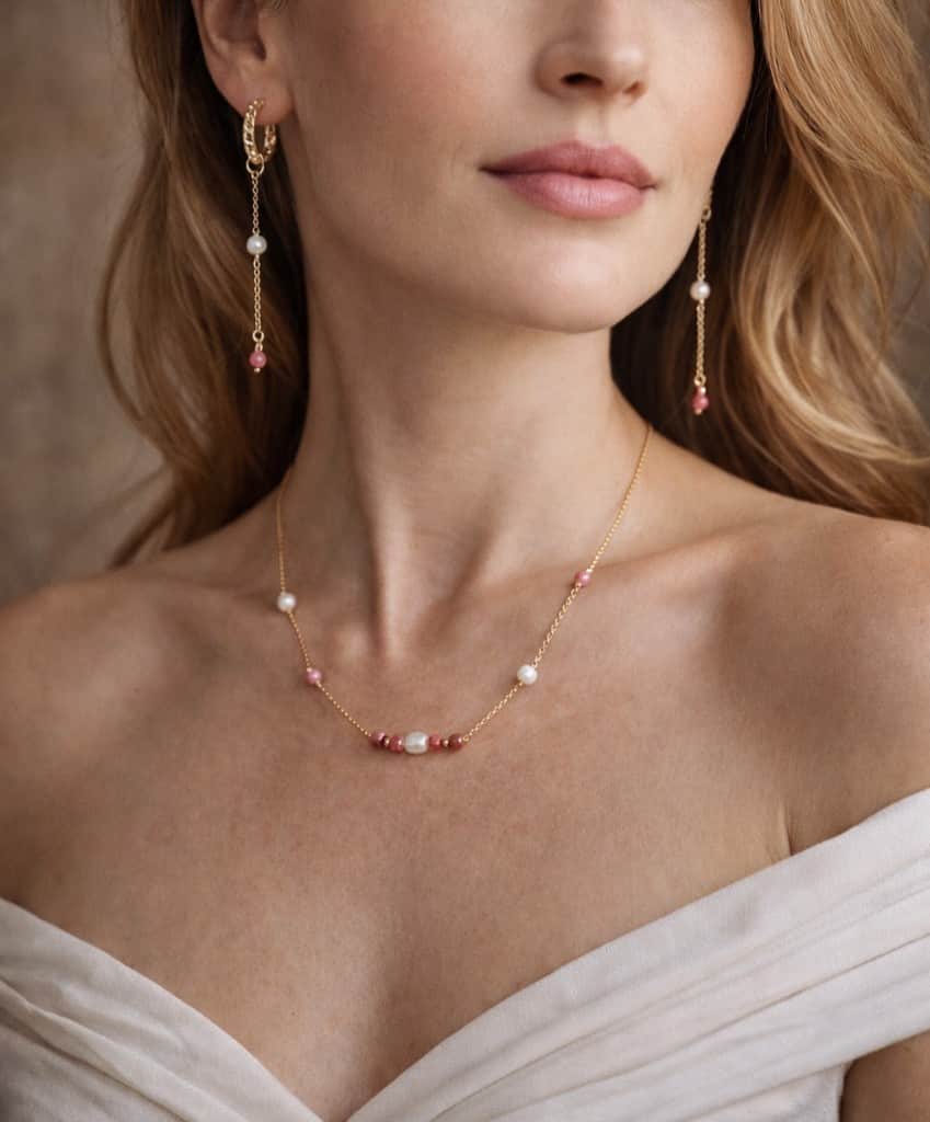 Komplekts saldūdens pērles, rožu kvarcs kaklarota & auskari 2in1