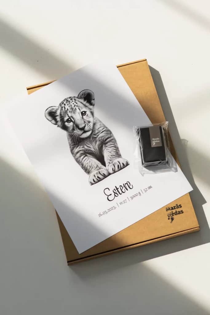 Bērna pēdu nospiedums, Personalizēts lauvēna plakāts + nospieduma spilventiņš