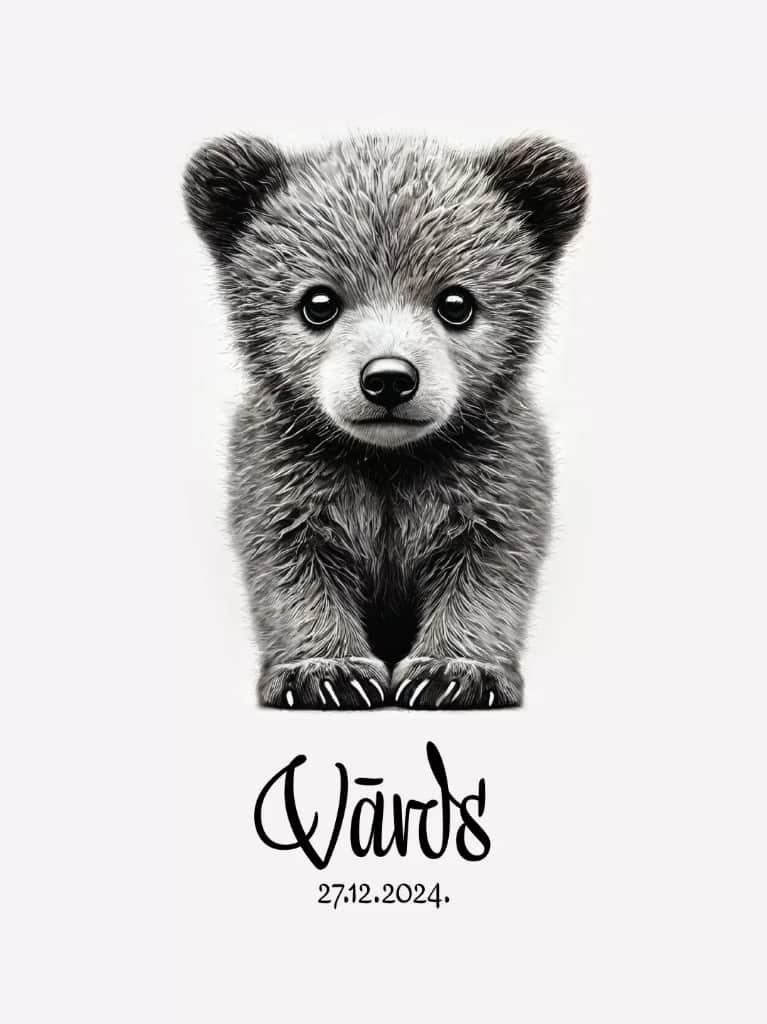 Bērna pēdu nospiedums, Personalizēts lācēna plakāts + nospieduma spilventiņš