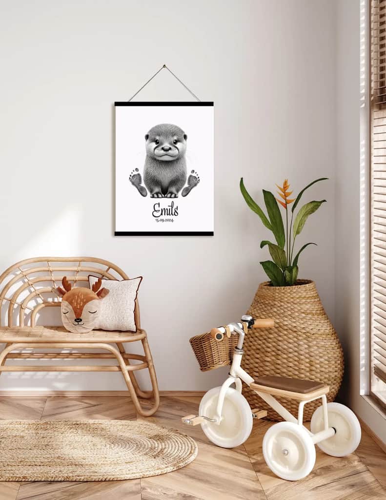 Bērna pēdu nospiedums, Personalizēts ūdrēna plakāts + nospieduma spilventiņš